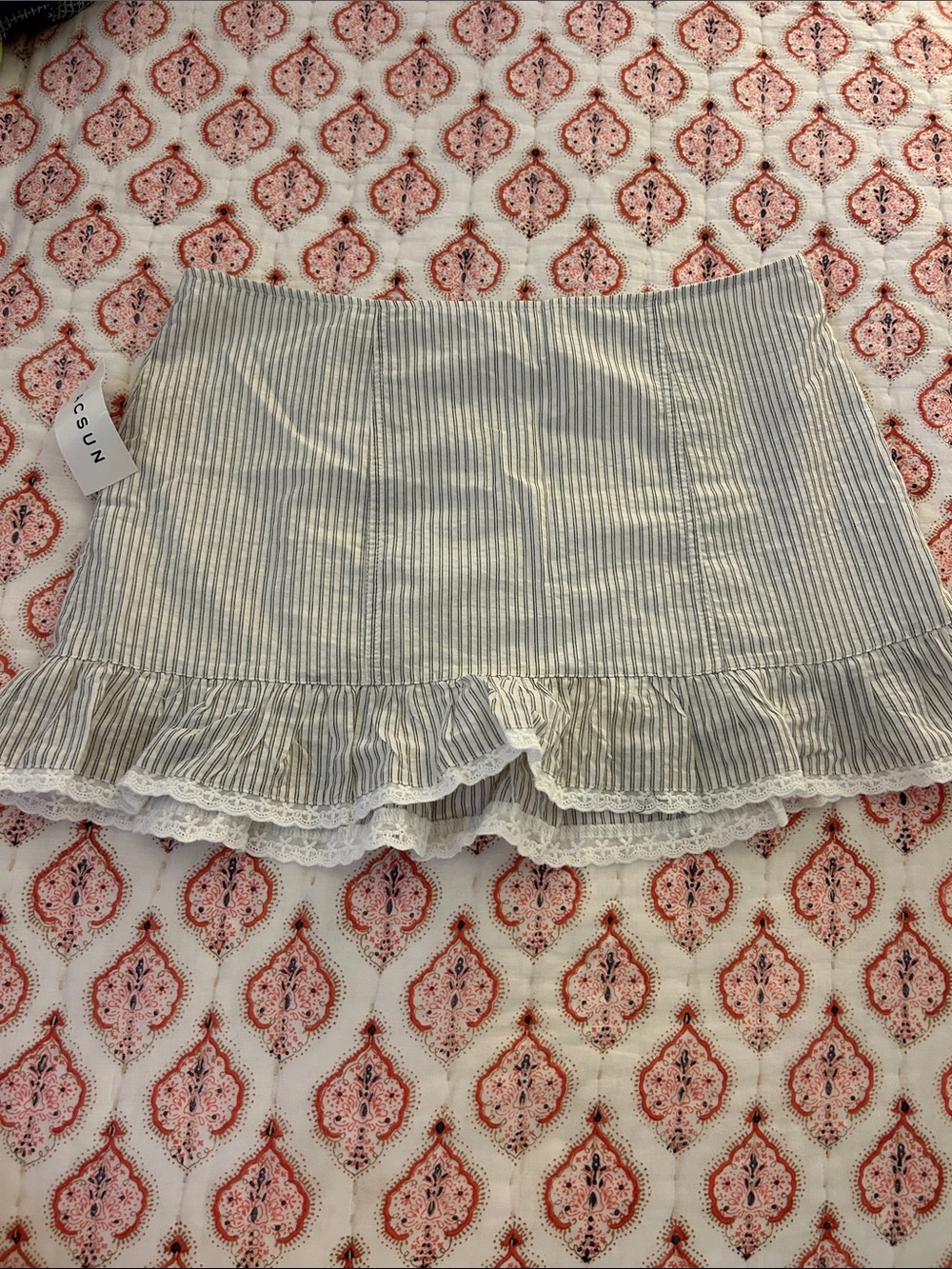 Striped Ruffle Mini Skirt with Lace Trim